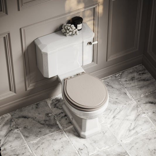 Portland Close Coupled Traditional Toilet with Solid Oak Velvet Beige seat (Polished Nickel Fittings)