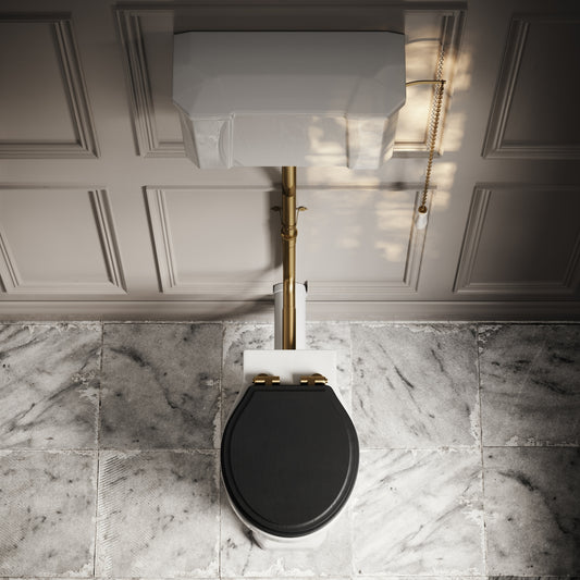 Portland High Level Traditional Toilet with Solid Oak Matte Black seat (Brushed Gold Fittings)
