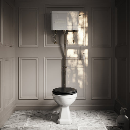 Portland High Level Traditional Toilet with Solid Oak Matte Black seat (Polished Nickel Fittings)