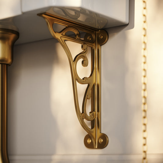 Portland High Level Traditional Toilet with Solid Oak Matte White seat (Brushed Gold Fittings)