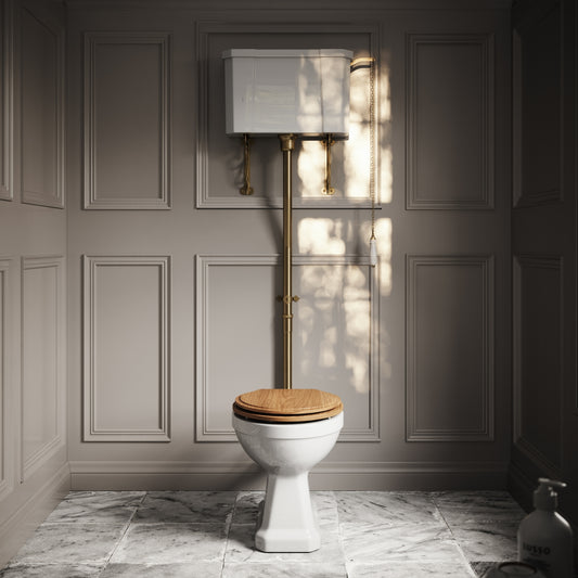 Portland High Level Traditional Toilet with Solid Oak seat (Brushed Gold Fittings)