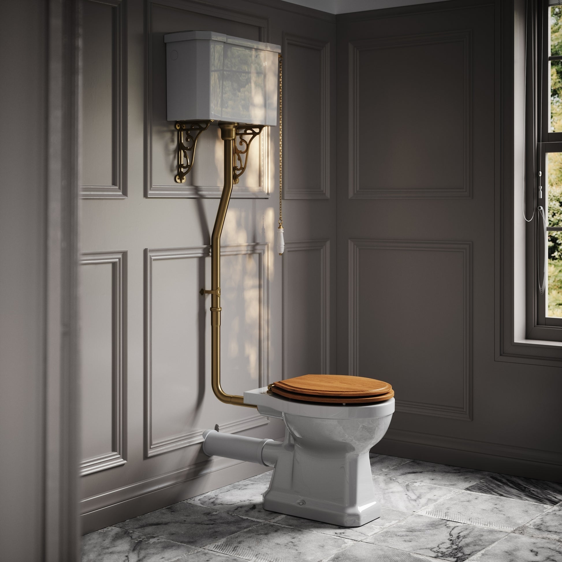 Portland High Level Traditional Toilet with Solid Oak seat (Brushed Gold Fittings)
