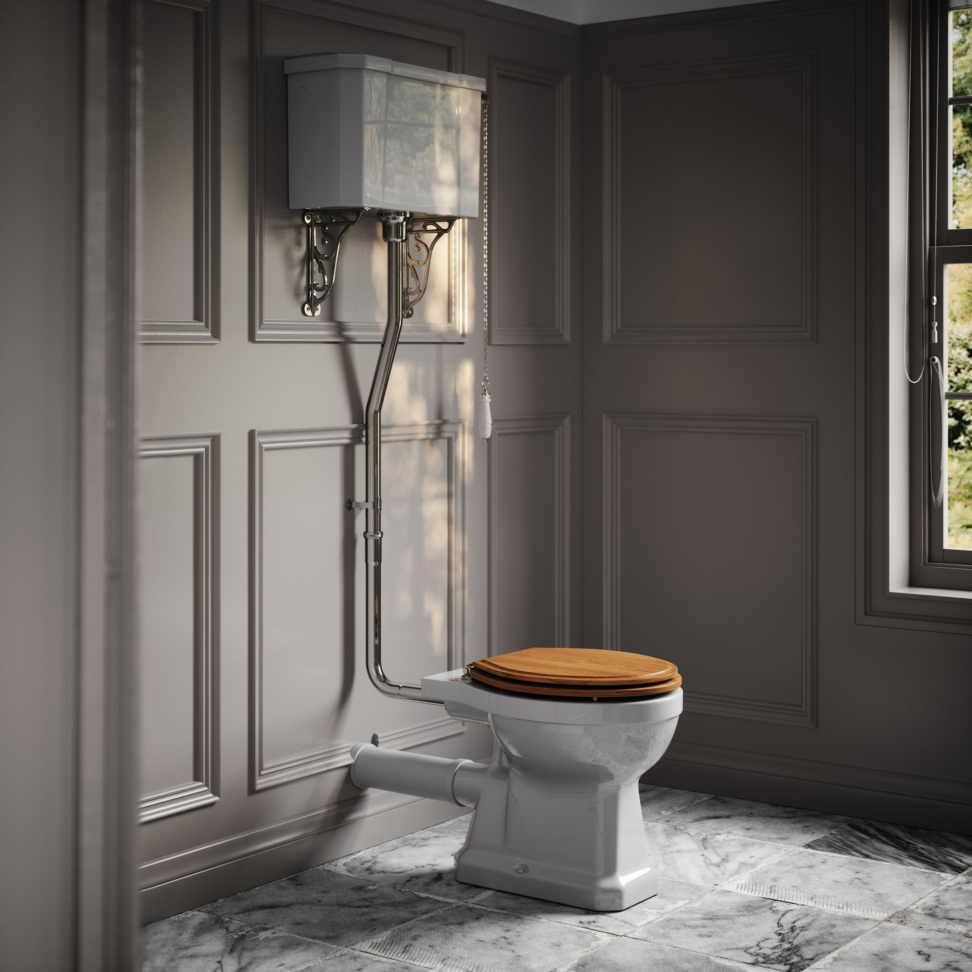 Portland High Level Traditional Toilet with Solid Oak seat (Chrome Fittings)