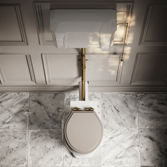 Portland High Level Traditional Toilet with Solid Oak Velvet Beige seat (Brushed Gold Fittings)