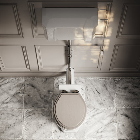Portland High Level Traditional Toilet with Solid Oak Velvet Beige seat (Chrome Fittings)