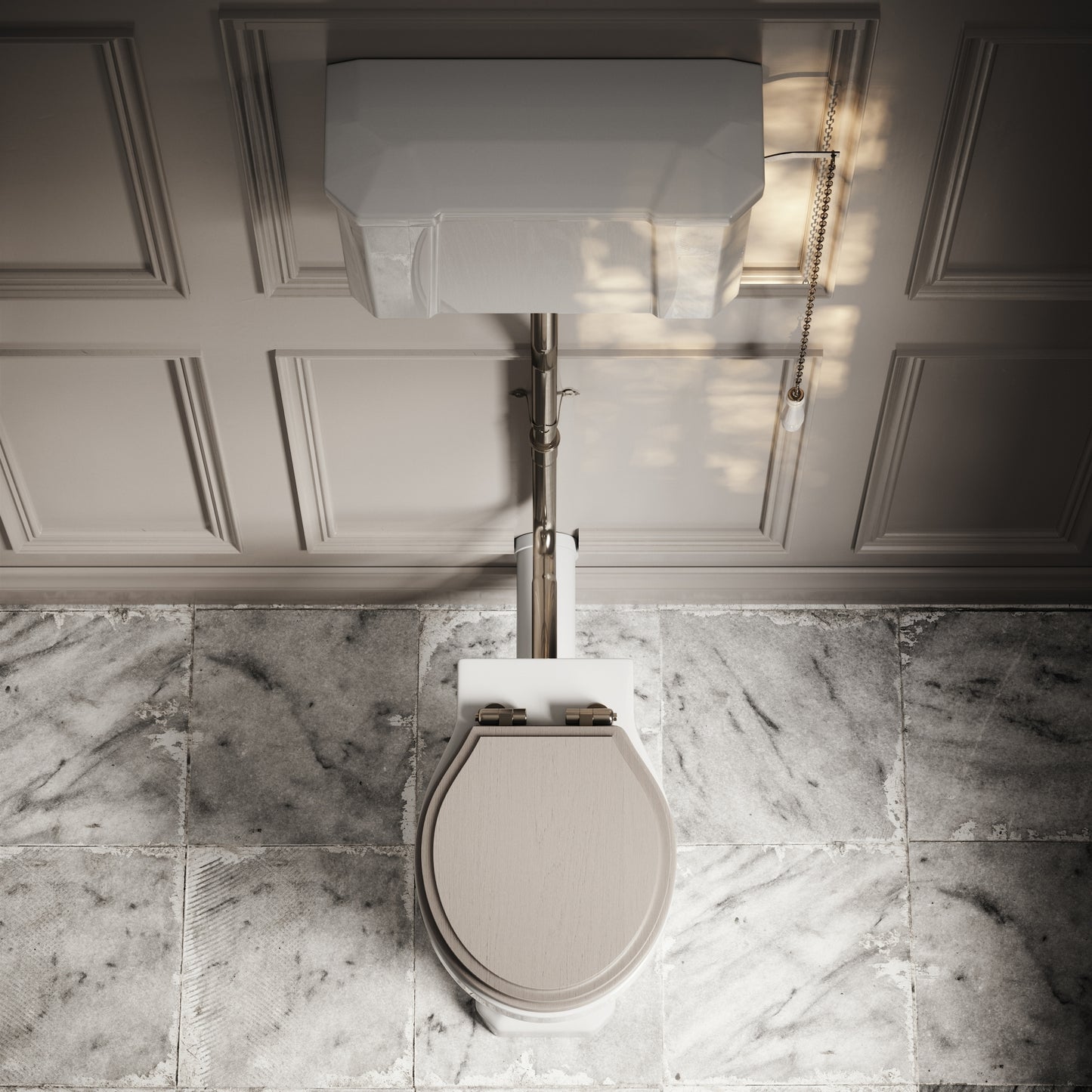 Portland High Level Traditional Toilet with Solid Oak Velvet Beige seat (Polished Nickel Fittings)