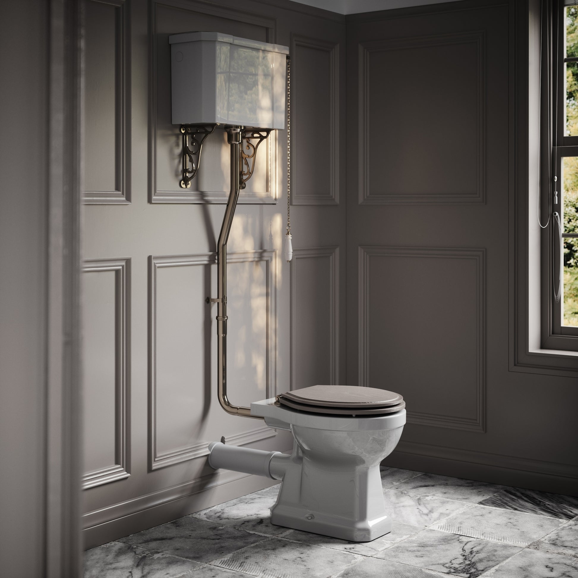 Portland High Level Traditional Toilet with Solid Oak Velvet Beige seat (Polished Nickel Fittings)
