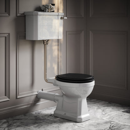 Portland Low Level Traditional Toilet with Solid Oak Matte Black seat (Polished Nickel Fittings)