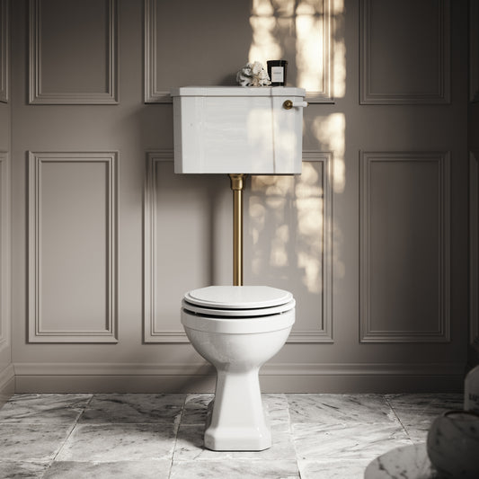 Portland Low Level Traditional Toilet with Solid Oak Matte White seat (Brushed Gold Fittings)