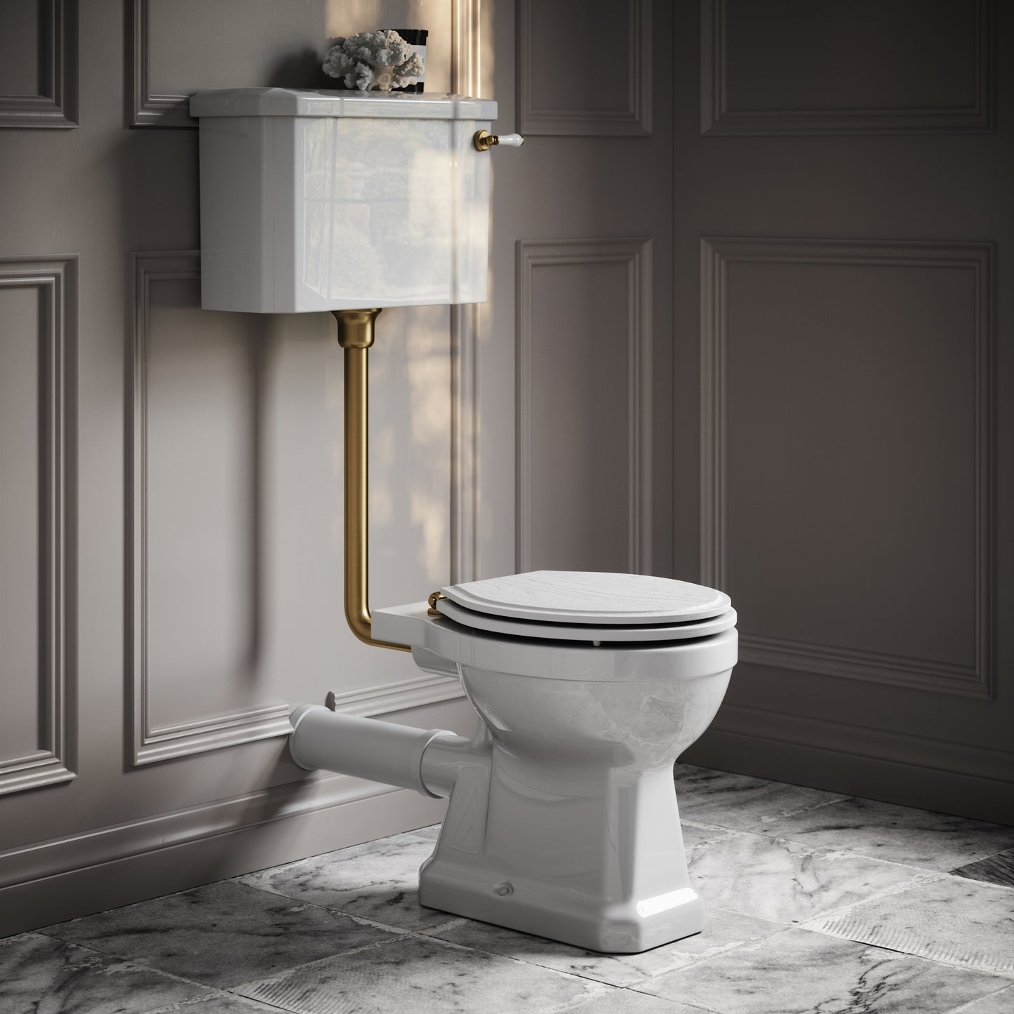 Portland Low Level Traditional Toilet with Solid Oak Matte White seat (Brushed Gold Fittings)