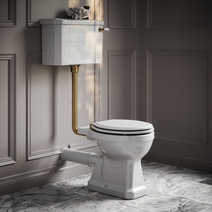 Portland Low Level Traditional Toilet with Solid Oak Matte White seat (Brushed Gold Fittings)