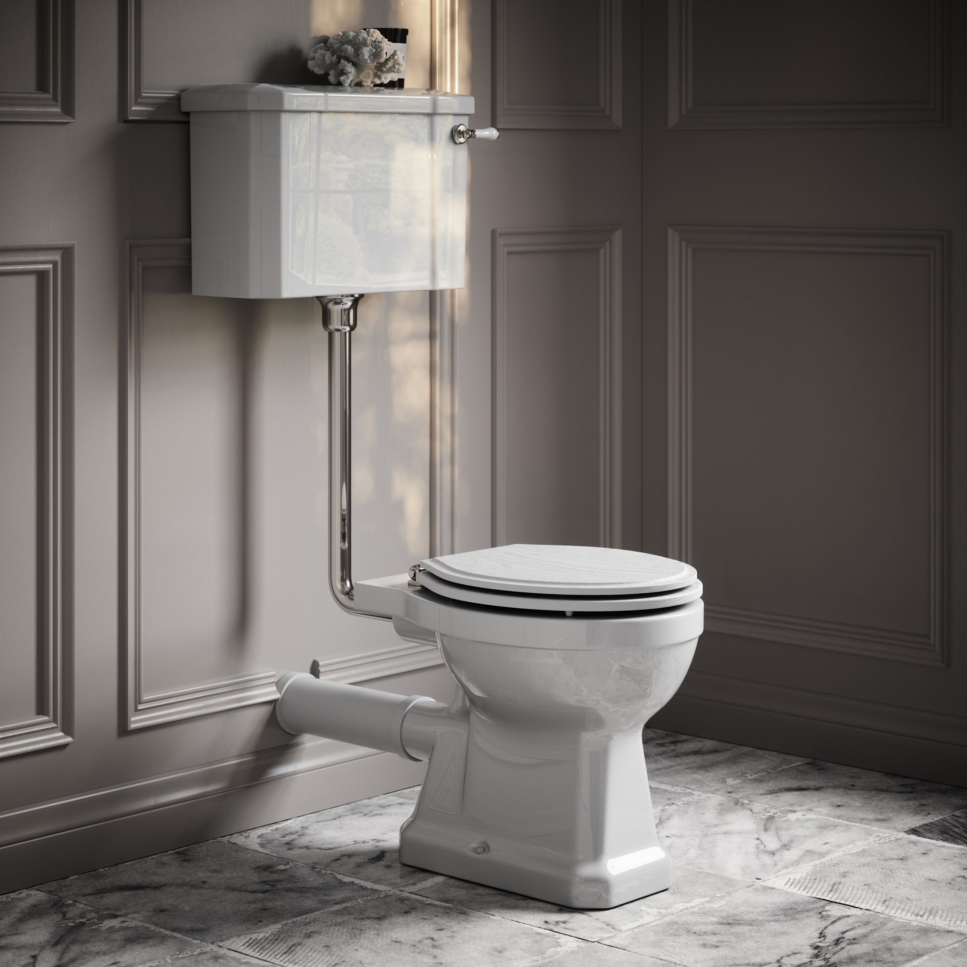 Portland Low Level Traditional Toilet with Solid Oak Matte White seat (Chrome Fittings)