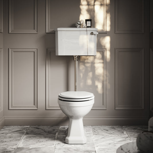 Portland Low Level Traditional Toilet with Solid Oak Matte White seat (Polished Nickel Fittings)