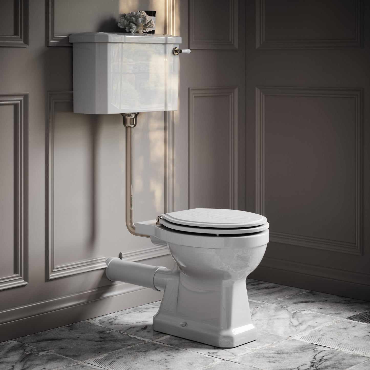 Portland Low Level Traditional Toilet with Solid Oak Matte White seat (Polished Nickel Fittings)
