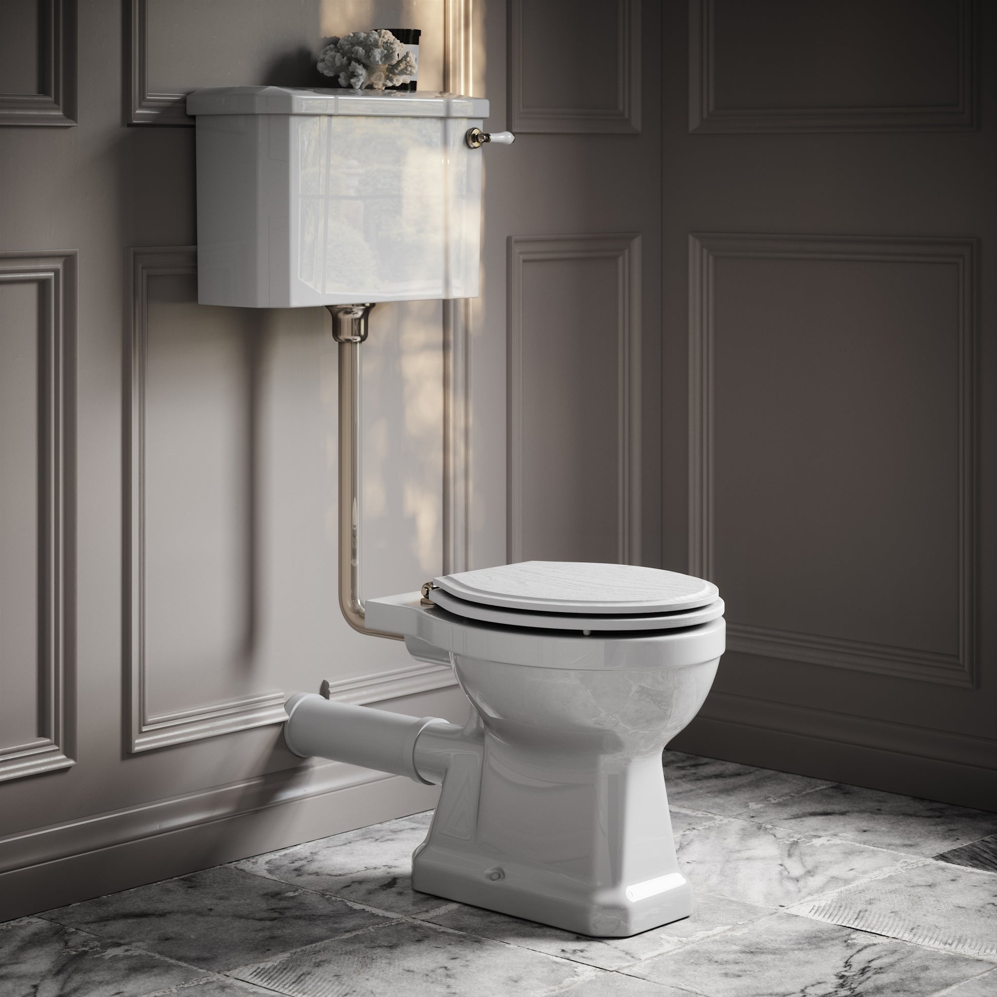 Portland Low Level Traditional Toilet with Solid Oak Matte White seat (Polished Nickel Fittings)