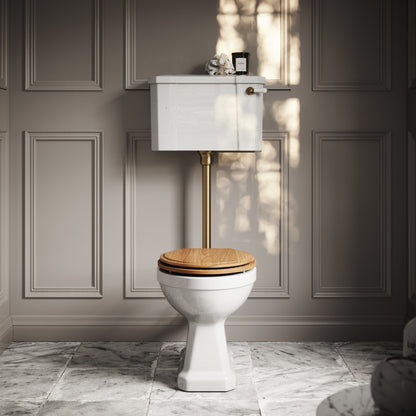 Portland Low Level Traditional Toilet with Solid Oak seat (Brushed Gold Fittings)