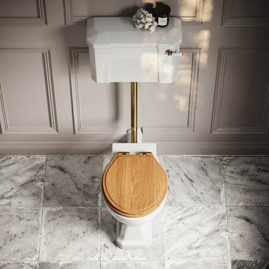 Portland Low Level Traditional Toilet with Solid Oak seat (Brushed Gold Fittings)