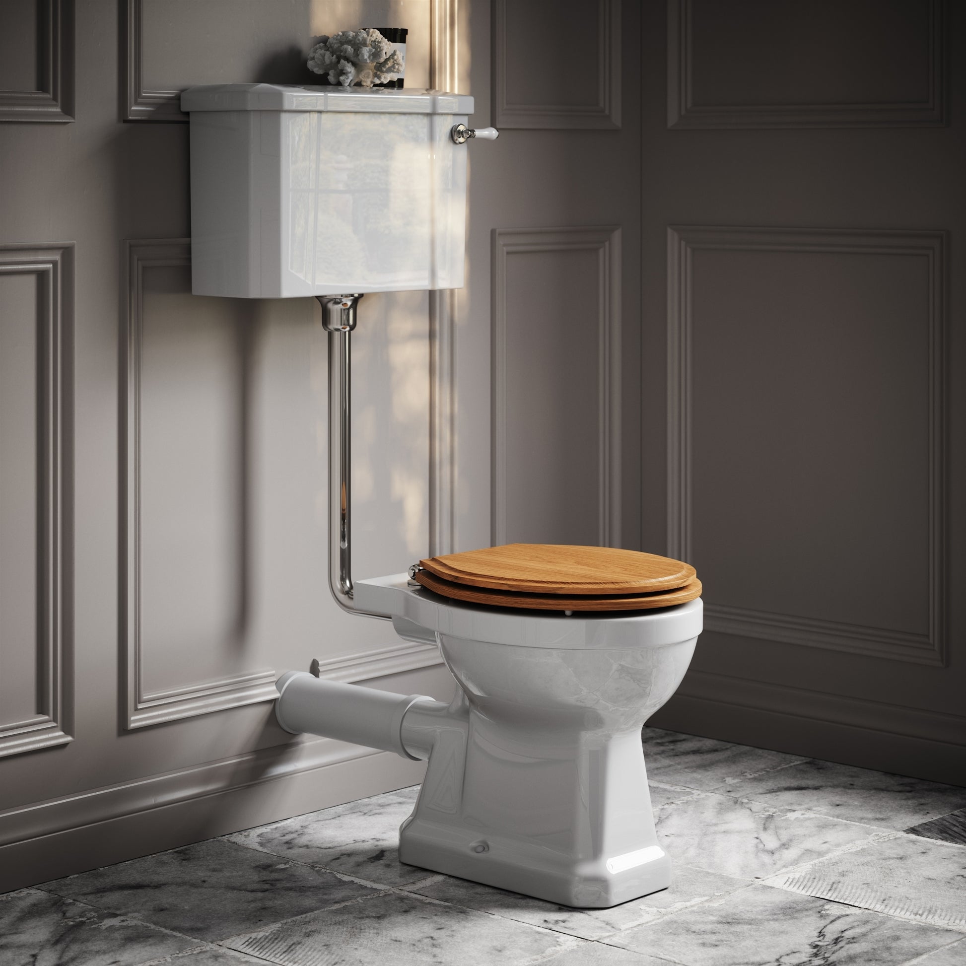 Portland Low Level Traditional Toilet with Solid Oak seat (Chrome Fittings)