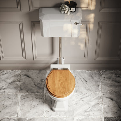 Portland Low Level Traditional Toilet with Solid Oak seat (Polished Nickel Fittings)