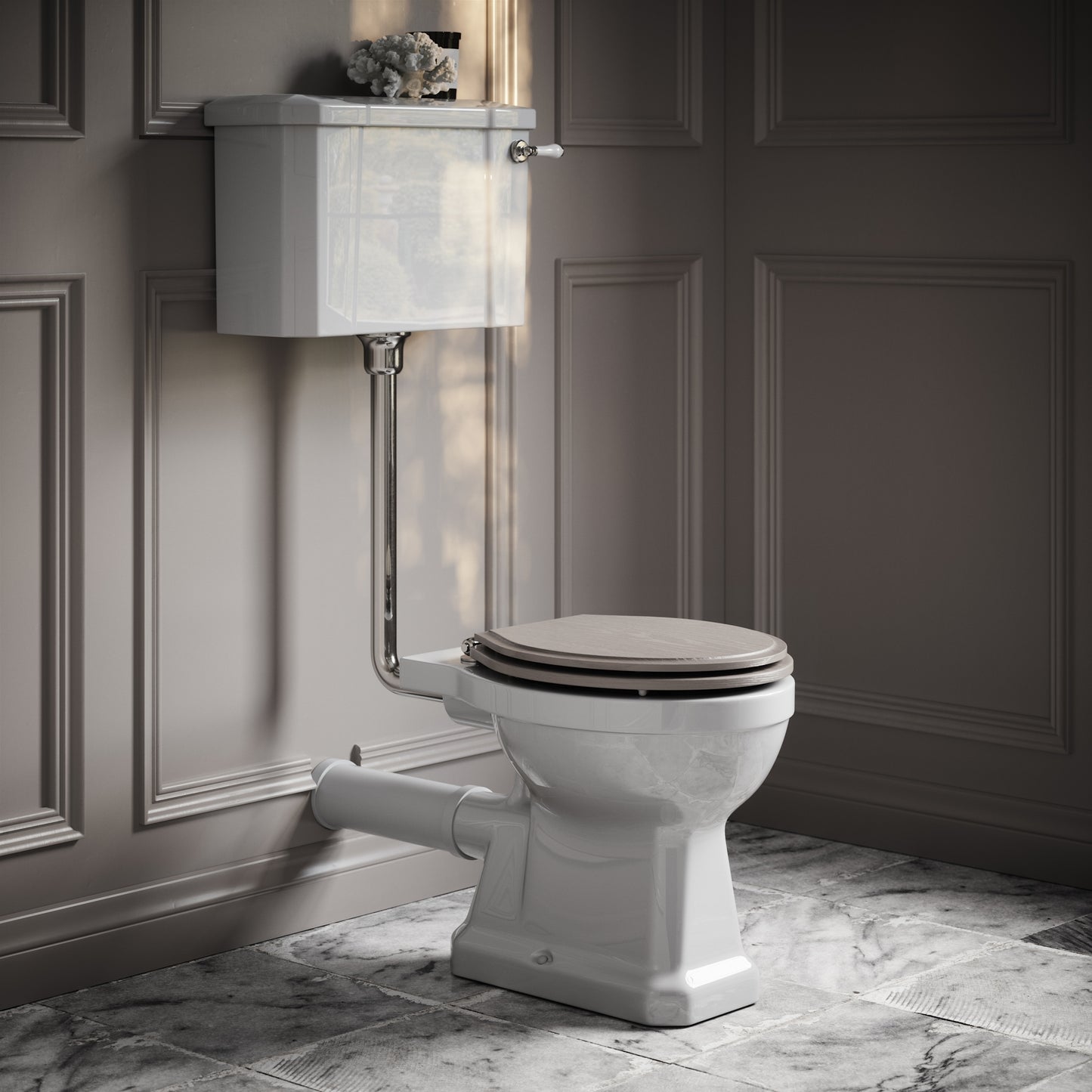 Portland Low Level Traditional Toilet with Solid Oak Velvet Beige seat (Chrome Fittings)
