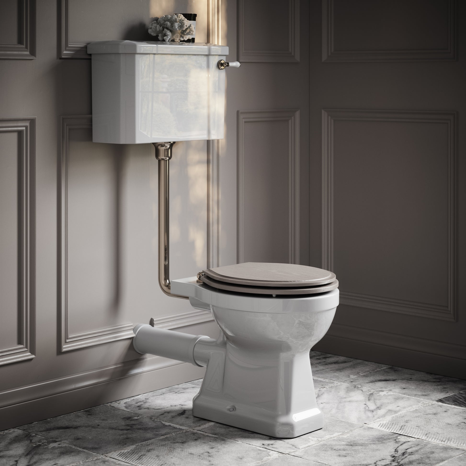 Portland Low Level Traditional Toilet with Solid Oak Velvet Beige seat (Polished Nickel Fittings)