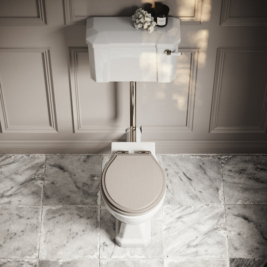 Portland Low Level Traditional Toilet with Solid Oak Velvet Beige seat (Polished Nickel Fittings)
