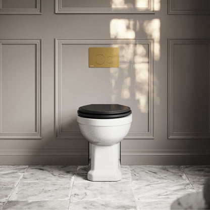 Portland Back To Wall Traditional Toilet with Solid Oak Matte Black Seat, Concealed Cistern and Round Flush Plate