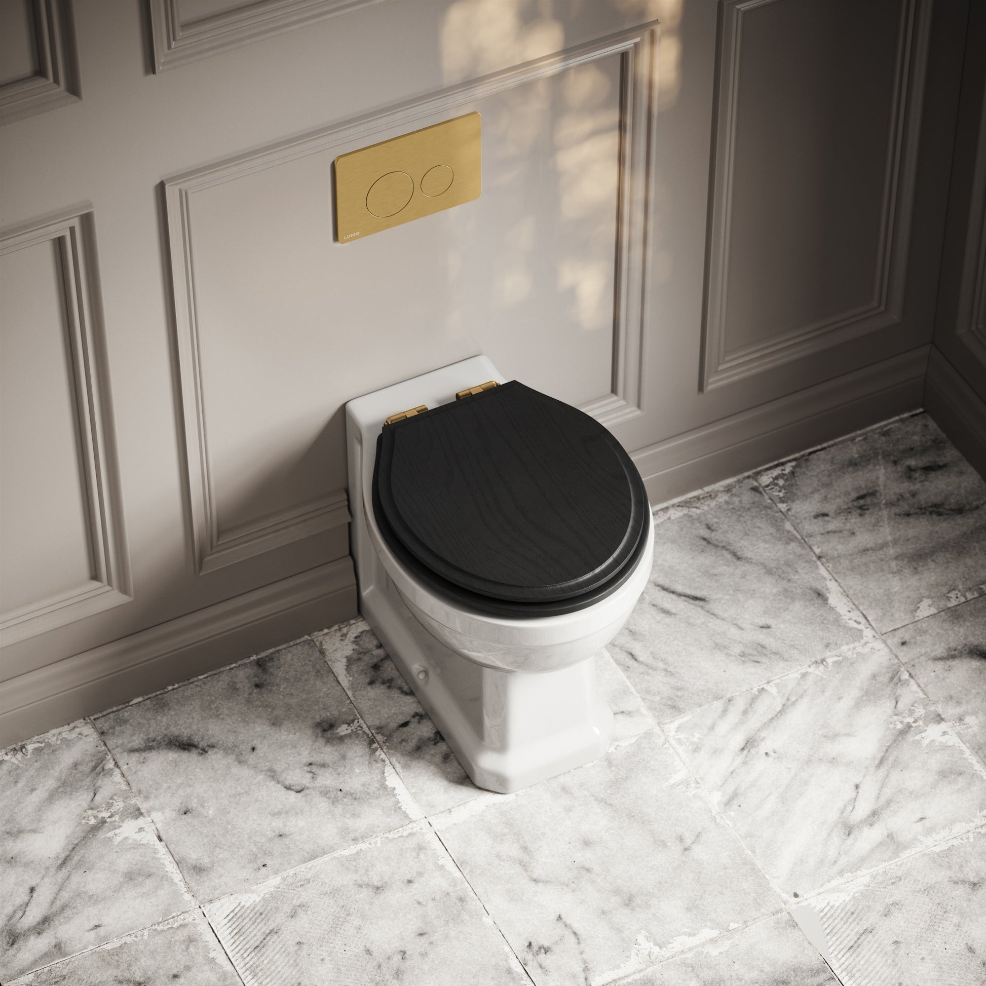 Portland Back To Wall Traditional Toilet with Solid Oak Matte Black Seat, Concealed Cistern and Round Flush Plate