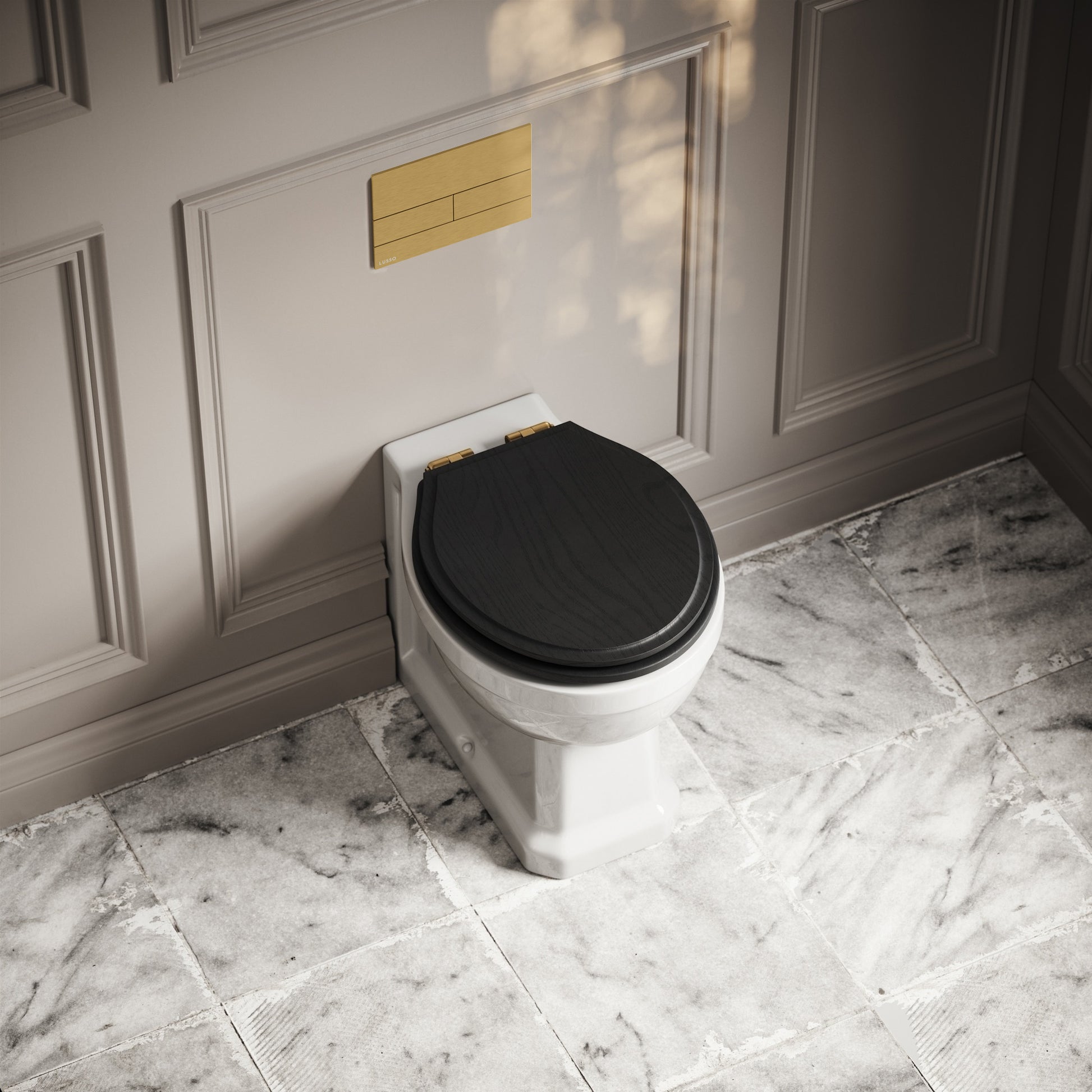 Portland Back To Wall Traditional Toilet with Solid Oak Matte Black Seat, Concealed Cistern and Square Flush Plate