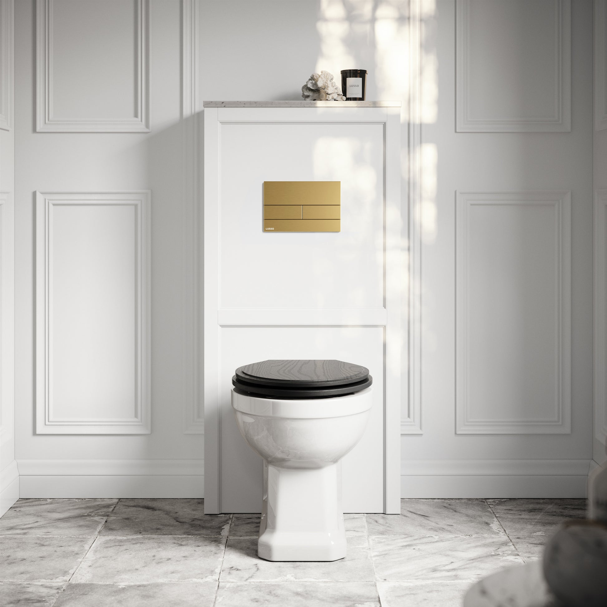 Portland Back To Wall Traditional Toilet with Solid Oak Matte Black Seat, Concealed Cistern, Square Flush Plate and Claridge Matte White WC Housing