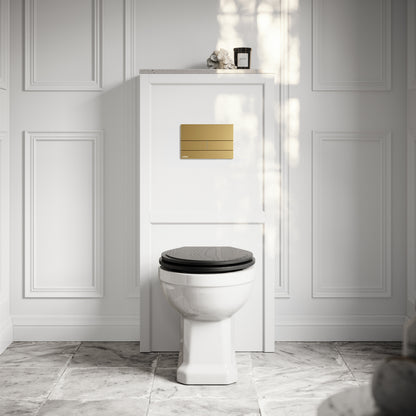 Portland Back To Wall Traditional Toilet with Solid Oak Matte Black Seat, Concealed Cistern, Square Flush Plate and Claridge Matte White WC Housing