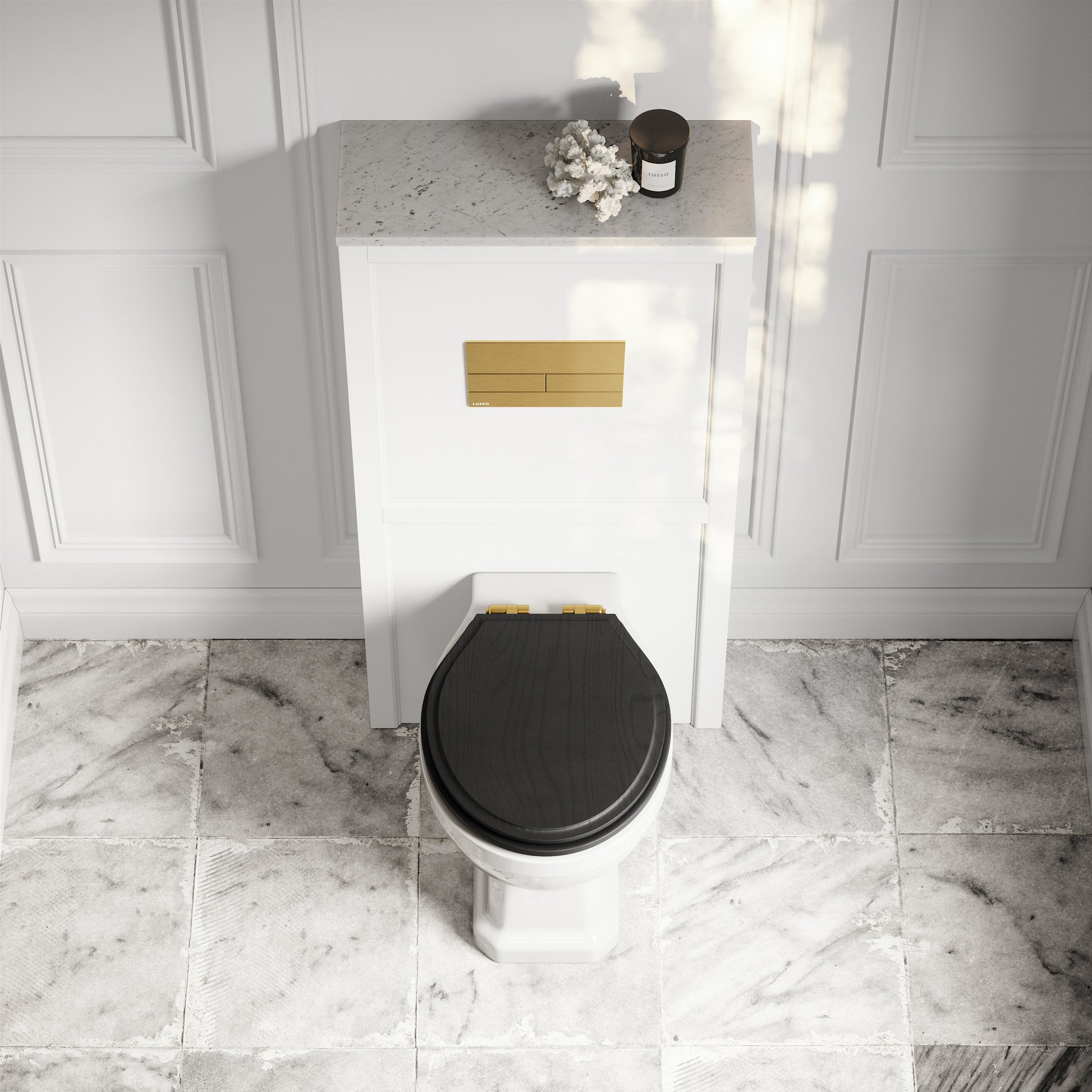 Portland Back To Wall Traditional Toilet with Solid Oak Matte Black Seat, Concealed Cistern, Square Flush Plate and Claridge Matte White WC Housing