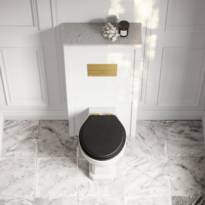 Portland Back To Wall Traditional Toilet with Solid Oak Matte Black Seat, Concealed Cistern, Square Flush Plate and Claridge Matte White WC Housing