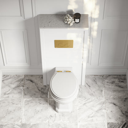 Portland Back To Wall Traditional Toilet with Solid Oak Matte White Seat, Concealed Cistern, Round Flush Plate and Claridge Matte White WC Housing