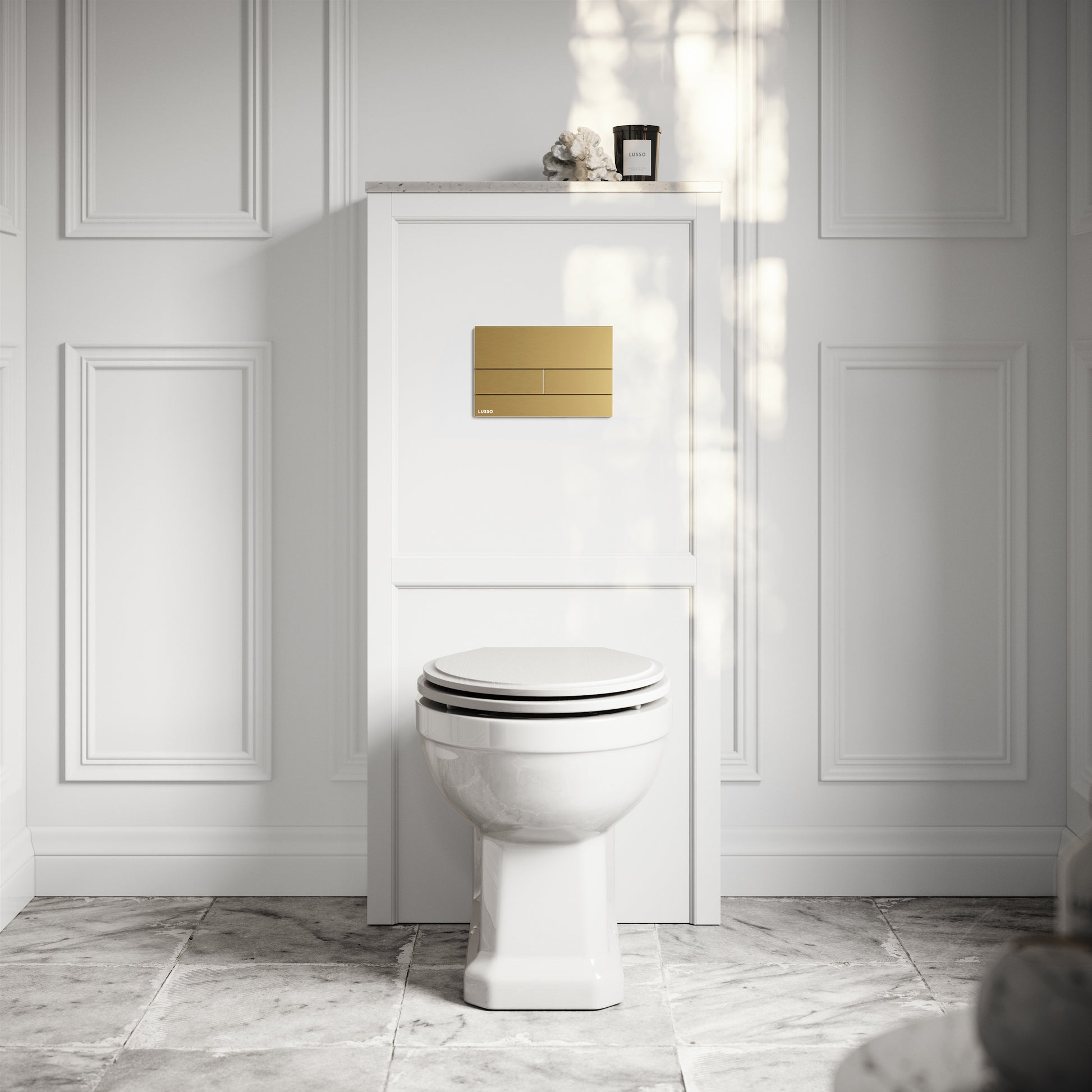 Portland Back To Wall Traditional Toilet with Solid Oak Matte White Seat, Concealed Cistern, Square Flush Plate and Claridge Matte White WC Housing