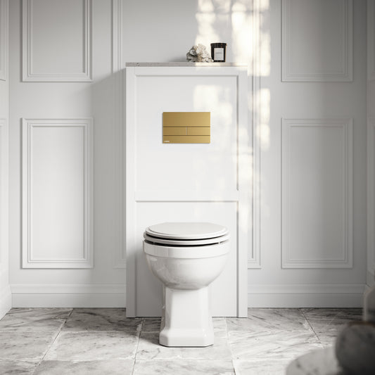 Portland Back To Wall Traditional Toilet with Solid Oak Matte White Seat, Concealed Cistern, Square Flush Plate and Claridge Matte White WC Housing