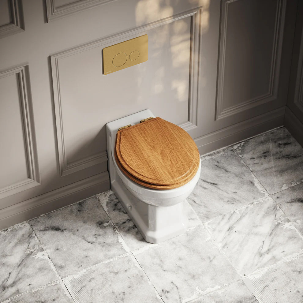 Portland Back To Wall Traditional Toilet with Solid Oak Seat, Concealed Cistern and Round Flush Plate