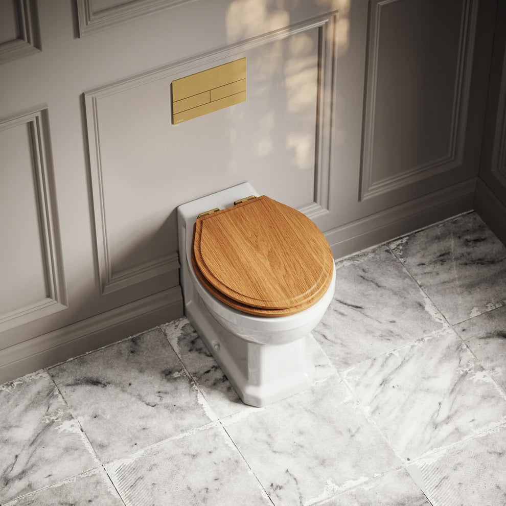 Portland Back To Wall Traditional Toilet with Solid Oak Seat, Concealed Cistern and Square Flush Plate