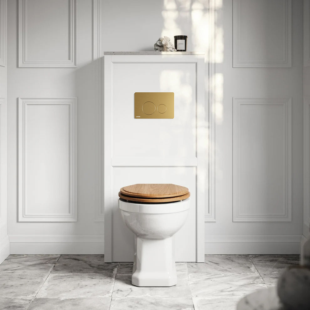 Portland Back To Wall Traditional Toilet with Solid Oak Seat, Concealed Cistern, Round Flush Plate and Claridge Matte White WC Housing