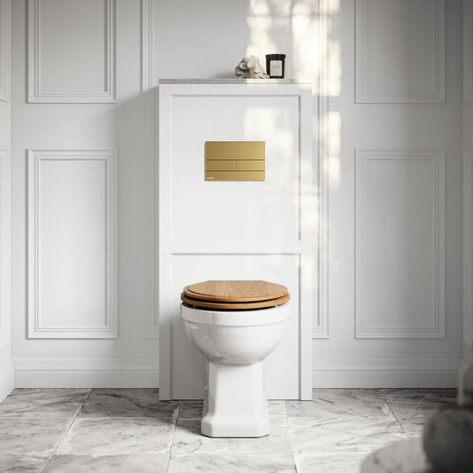 Portland Back To Wall Traditional Toilet with Solid Oak Seat, Concealed Cistern, Square Flush Plate and Claridge Matte White WC Housing
