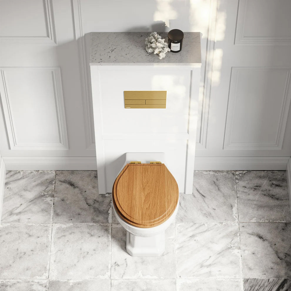 Portland Back To Wall Traditional Toilet with Solid Oak Seat, Concealed Cistern, Square Flush Plate and Claridge Matte White WC Housing