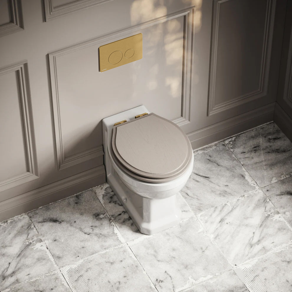 Portland Back To Wall Traditional Toilet with Solid Oak Velvet Beige Seat, Concealed Cistern and Round Flush Plate