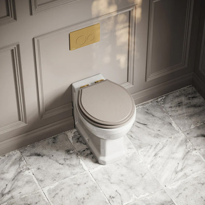 Portland Back To Wall Traditional Toilet with Solid Oak Velvet Beige Seat, Concealed Cistern and Round Flush Plate