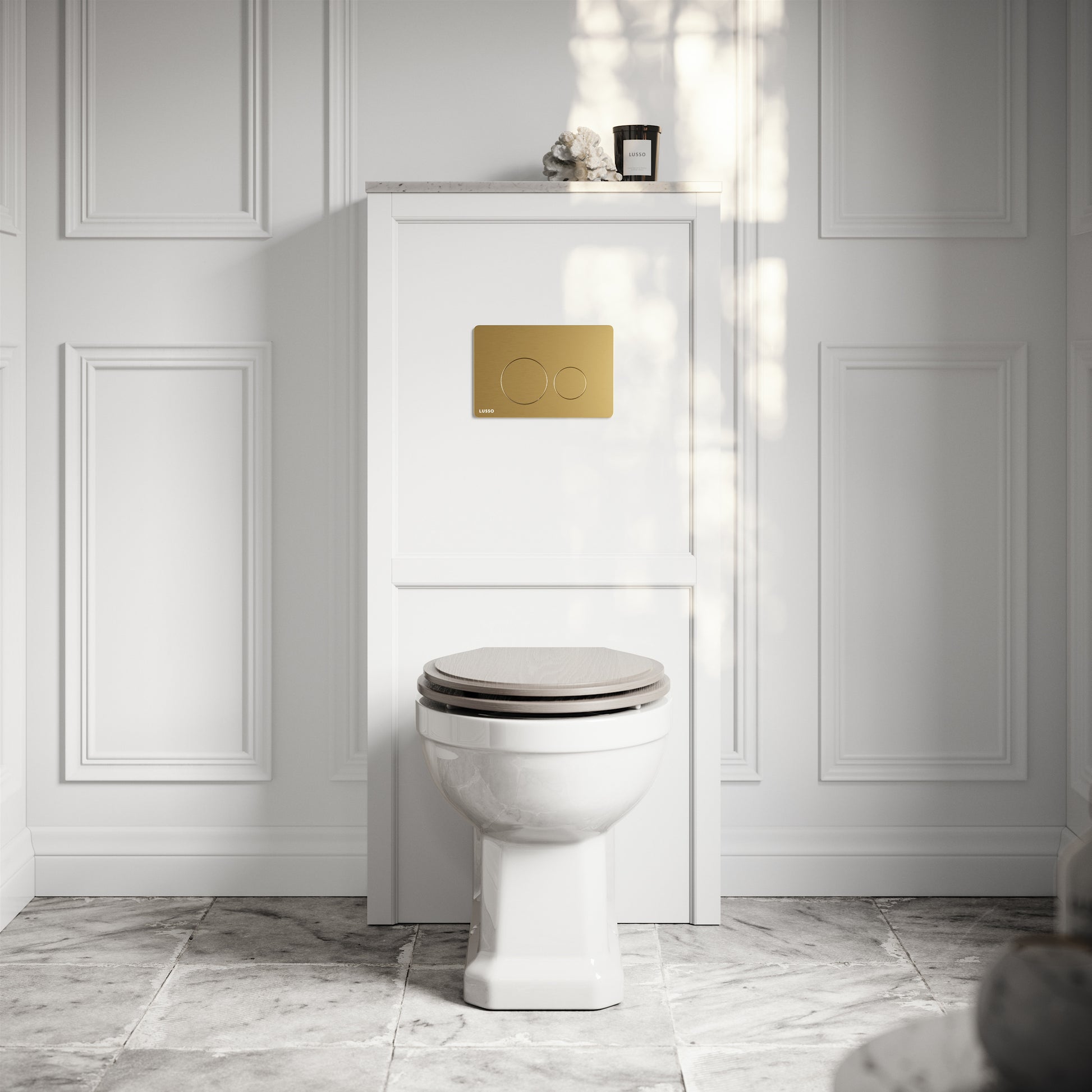 Portland Back To Wall Traditional Toilet with Solid Oak Velvet Beige Seat, Concealed Cistern, Round Flush Plate and Claridge Matte White WC Housing
