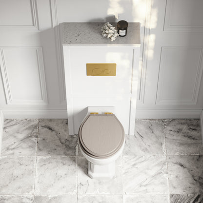 Portland Back To Wall Traditional Toilet with Solid Oak Velvet Beige Seat, Concealed Cistern, Round Flush Plate and Claridge Matte White WC Housing