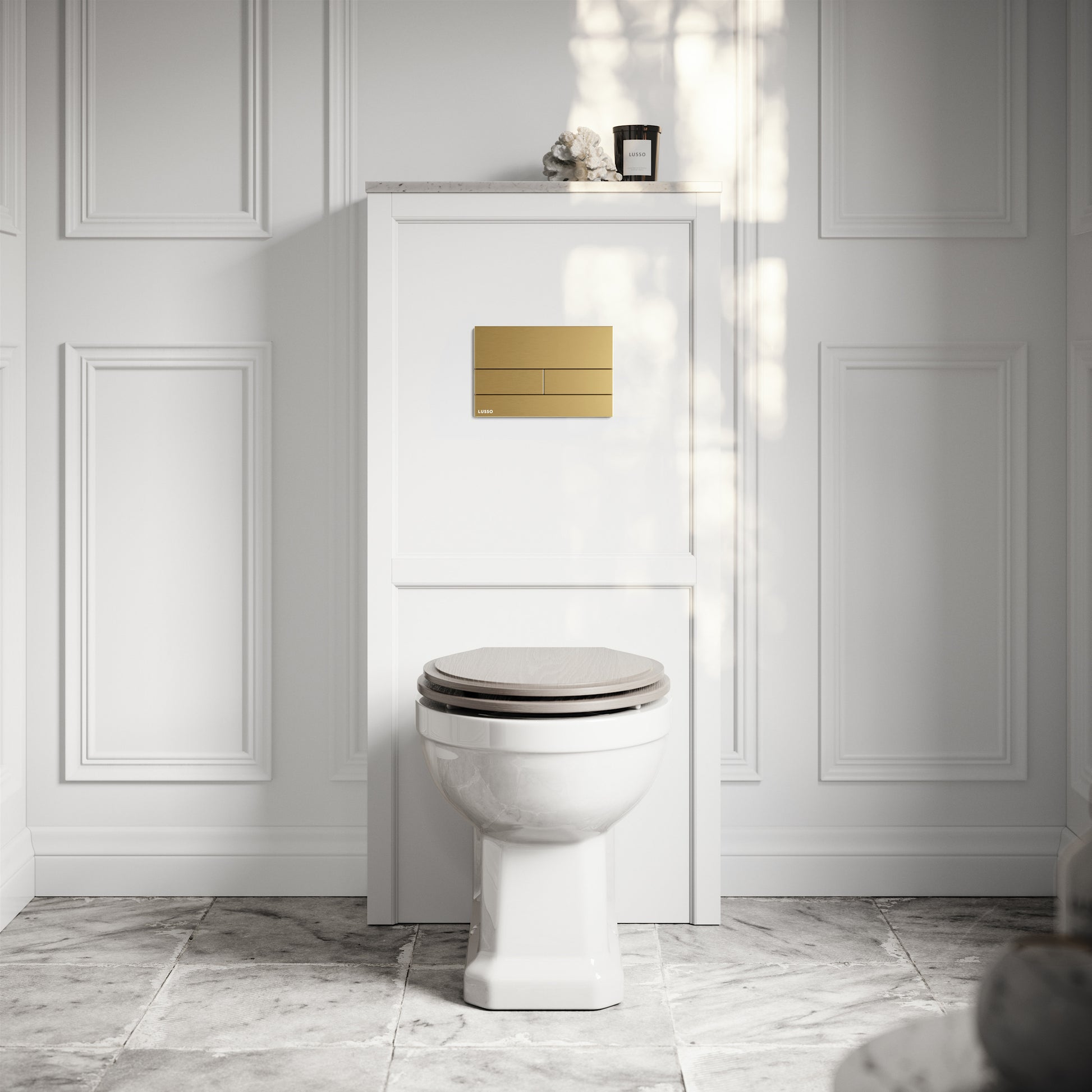 Portland Back To Wall Traditional Toilet with Solid Oak Velvet Beige Seat, Concealed Cistern, Square Flush Plate and Claridge Matte White WC Housing