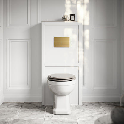 Portland Back To Wall Traditional Toilet with Solid Oak Velvet Beige Seat, Concealed Cistern, Square Flush Plate and Claridge Matte White WC Housing