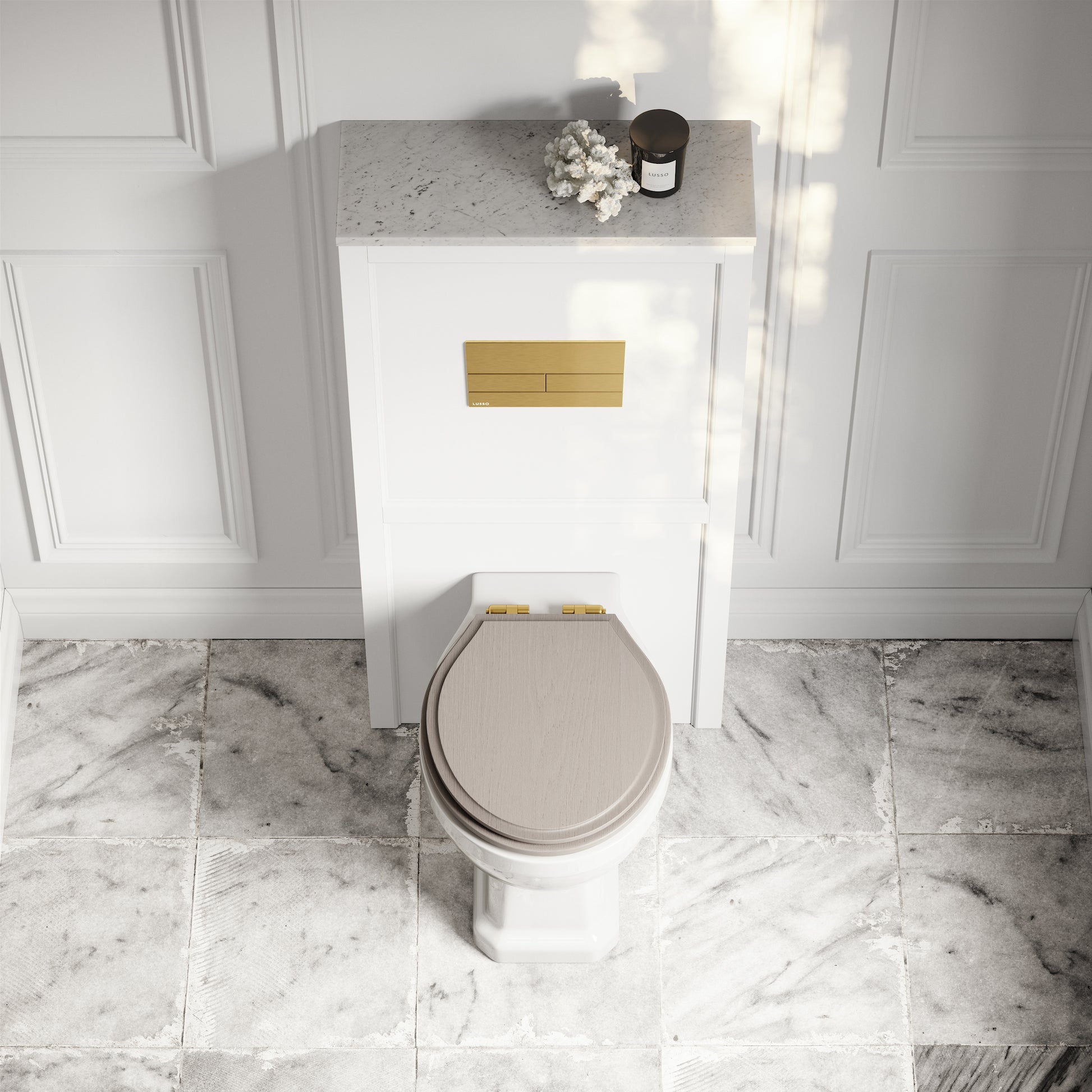 Portland Back To Wall Traditional Toilet with Solid Oak Velvet Beige Seat, Concealed Cistern, Square Flush Plate and Claridge Matte White WC Housing