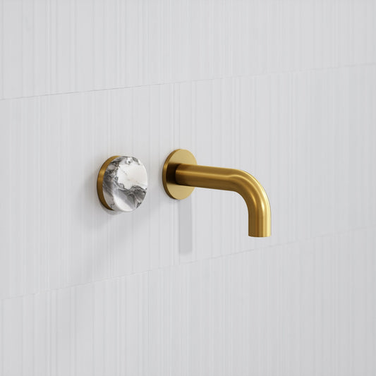 Porto Short Projection Wall Mounted Basin Tap (Brushed Gold & Arabescato Marble)