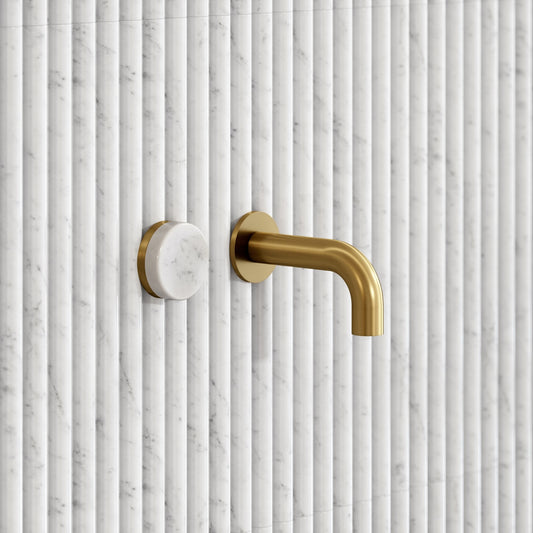 Porto Short Projection Wall Mounted Basin Tap (Brushed Gold & Carrara Marble)